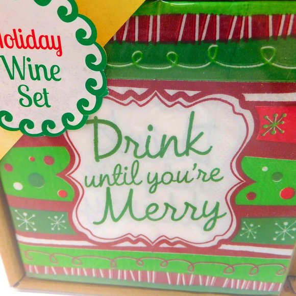 New Holiday Wine Set Hostess Gift Santa Bottle Stopper Charms Napkins - Picture 2 of 6
